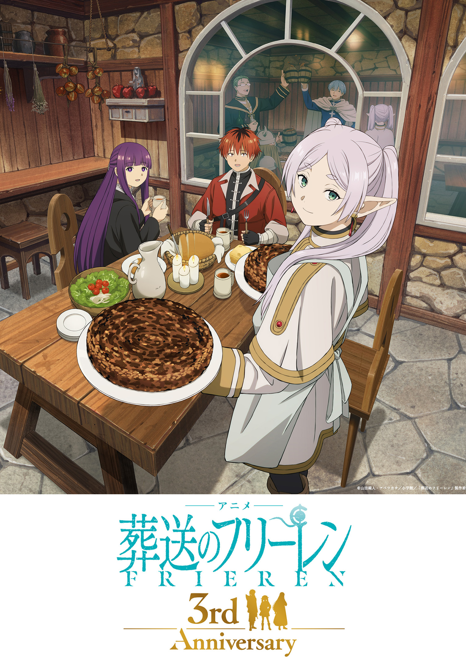 Imagen promocional relacionada con Frieren celebra tres años del anime con una ilustración que reúne sus dos grupos de viaje
