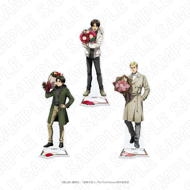 Imagen promocional relacionada con Ataque de los Titanes presenta flores preservadas y nuevos productos con Eren, Levi y Erwin · imagen 3