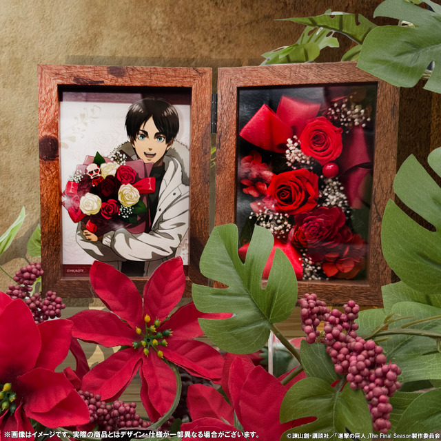 Imagen promocional relacionada con Ataque de los Titanes presenta flores preservadas y nuevos productos con Eren, Levi y Erwin · imagen 4